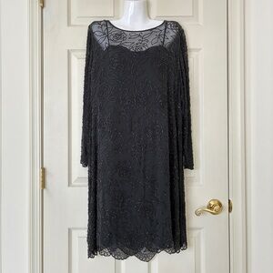 Vintage Oleg Cassini Beaded Black Silk Dress (2 Piece) Size 14